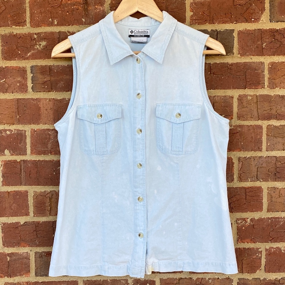 Columbia Sportswear White Wash Denim Collared Button Down Sleeveless Tank